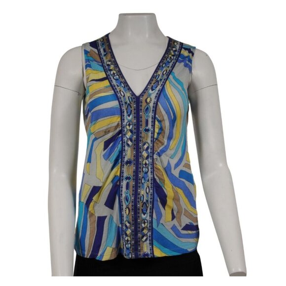 Emilio Pucci Women V Neck Tank Top Blue Yellow Mosaic Viscose Blend Shirt Blouse - Picture 1 of 8